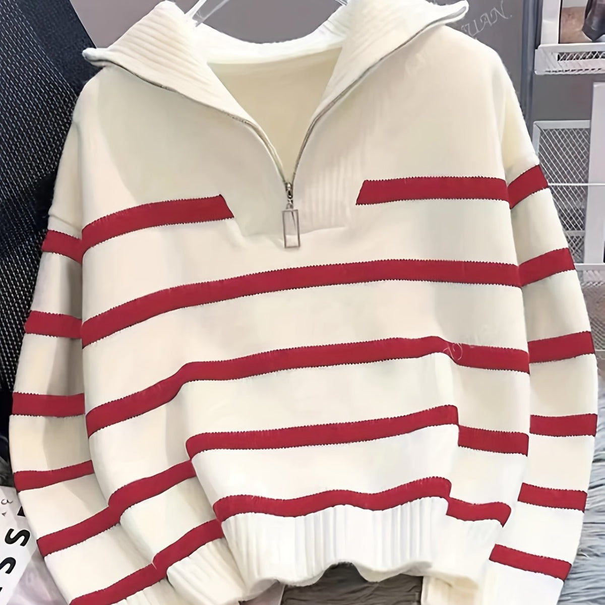 Striped Half-Zip Collared Sweater