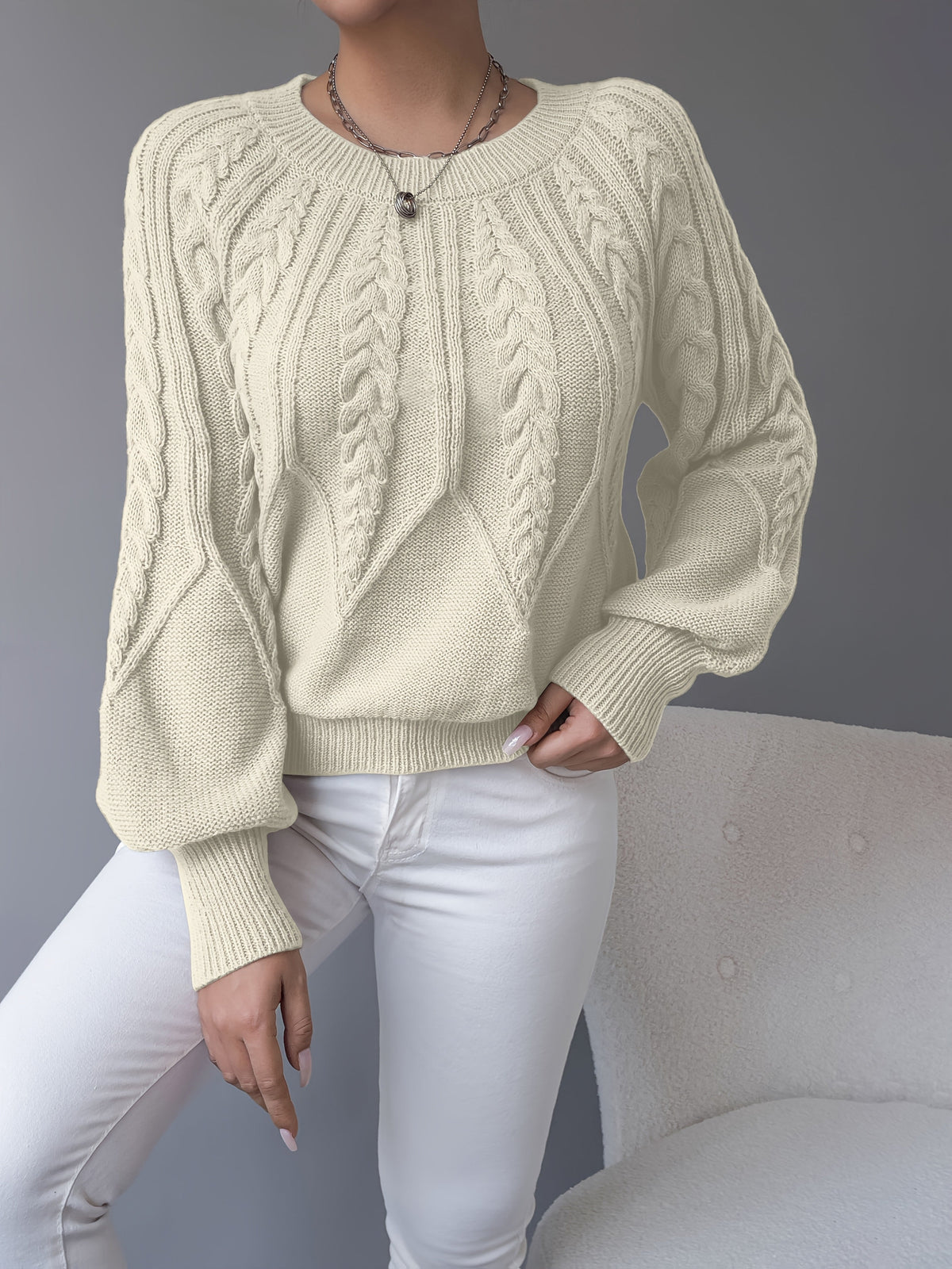 Cable-Knit Lantern-Sleeve Sweater