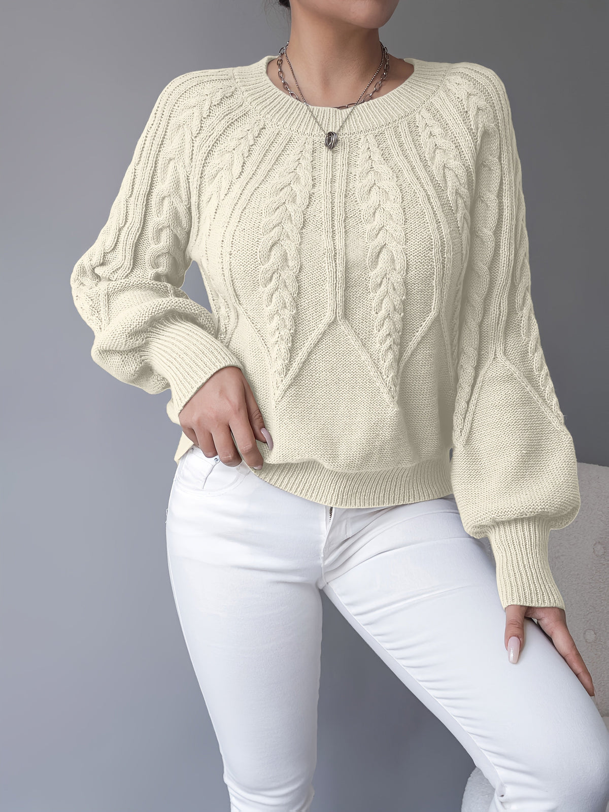Cable-Knit Lantern-Sleeve Sweater