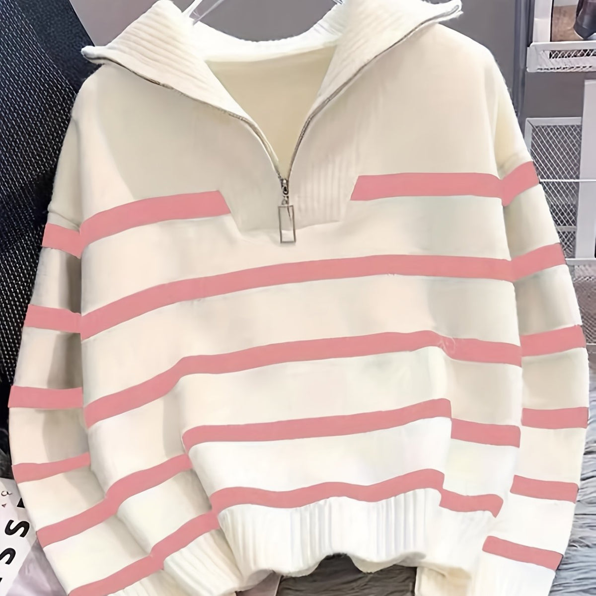 Striped Half-Zip Collared Sweater