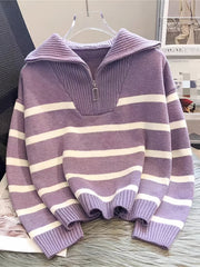 Striped Half-Zip Collared Sweater