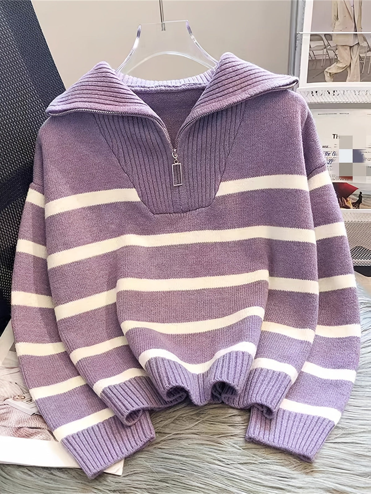 Striped Half-Zip Collared Sweater