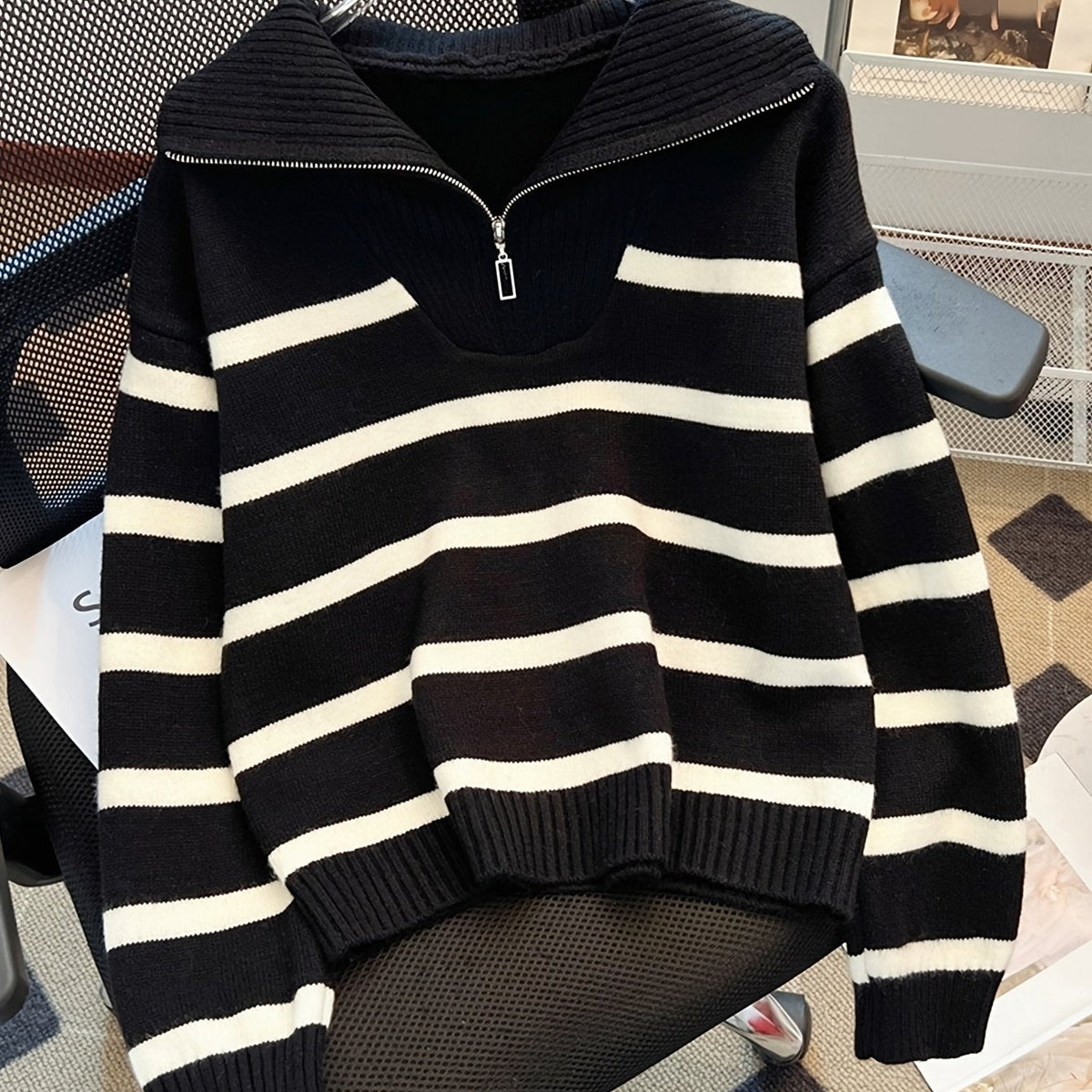 Striped Half-Zip Collared Sweater