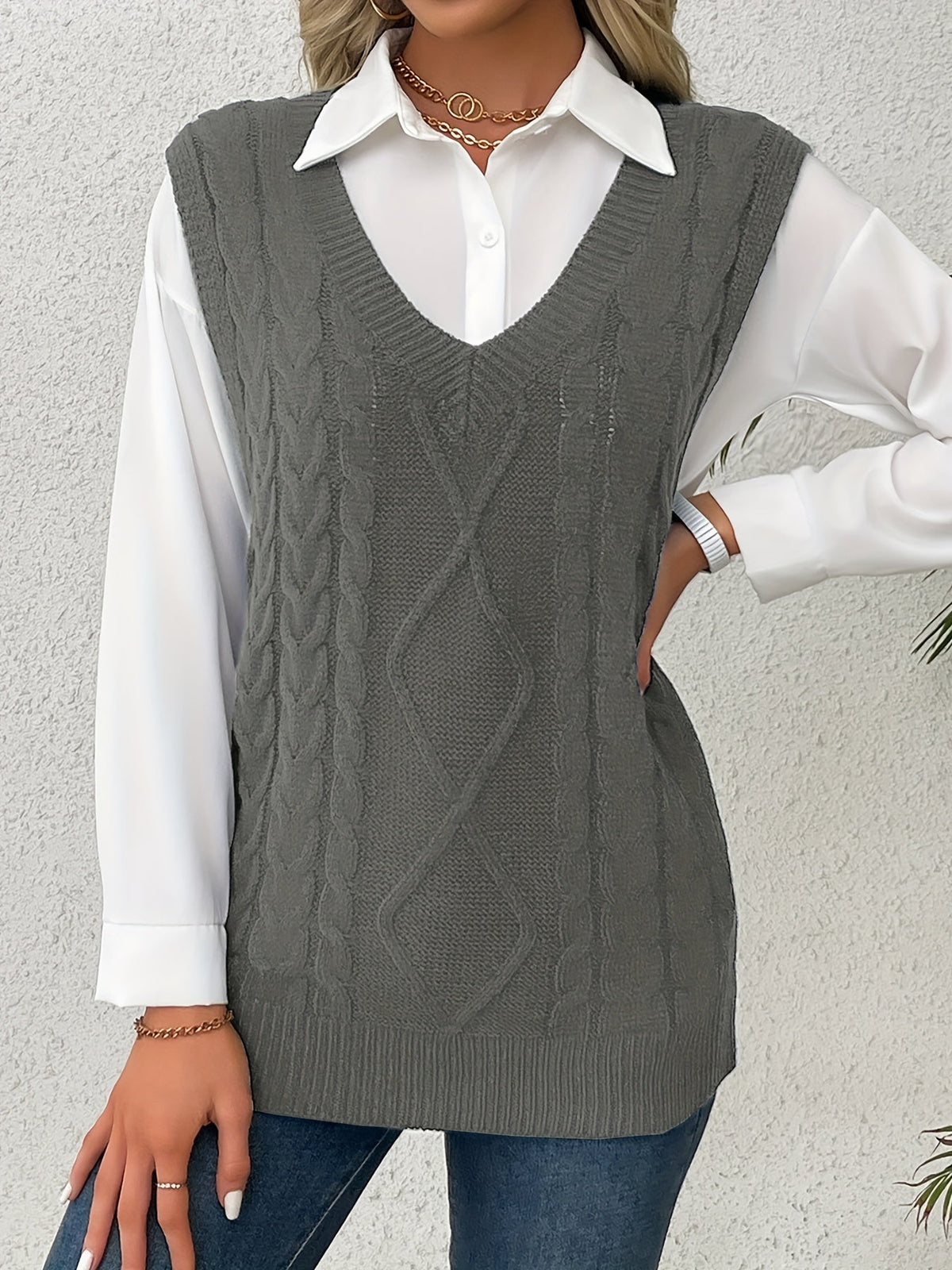 Cable-Knit V-Neck Sweater Vest
