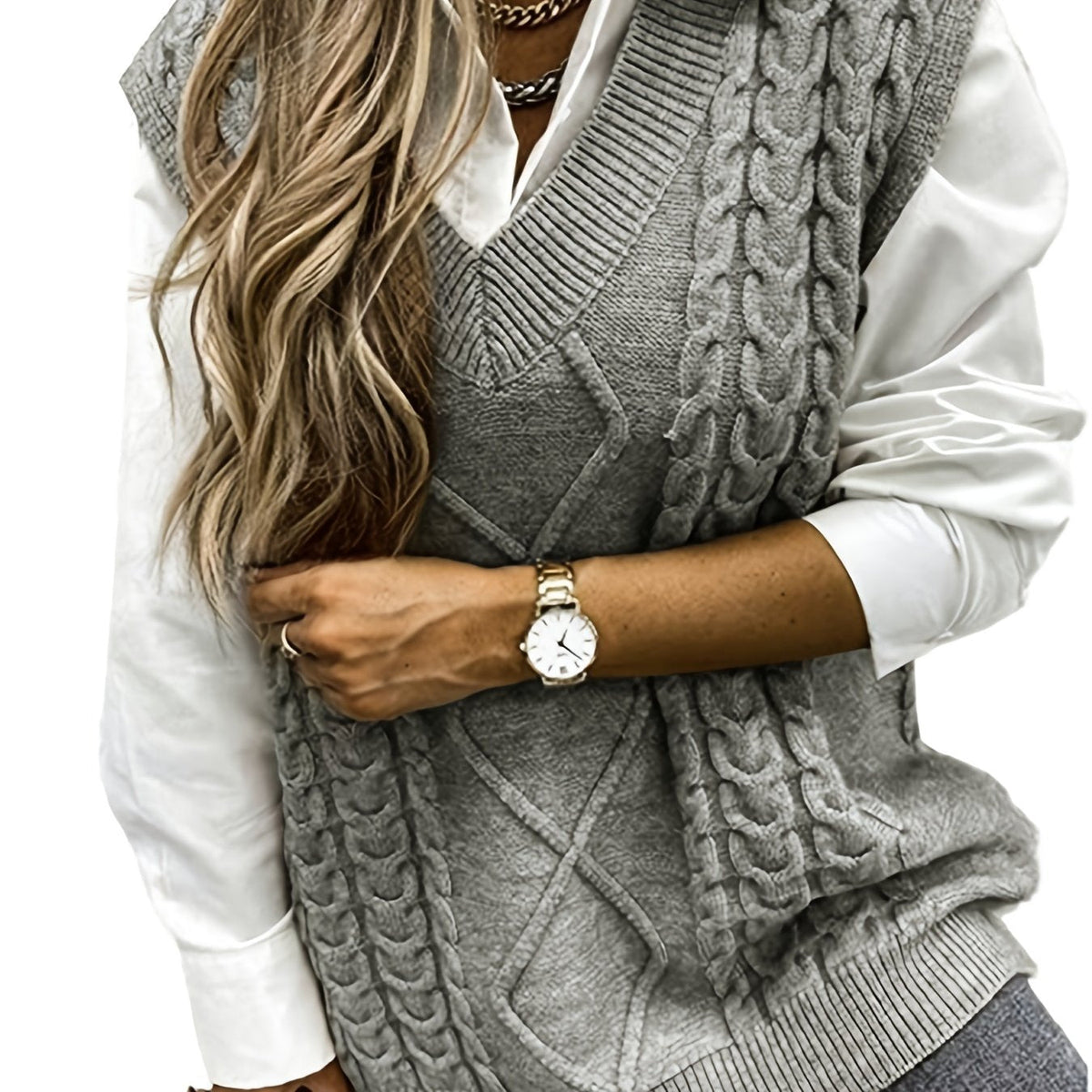 Cable-Knit V-Neck Sweater Vest