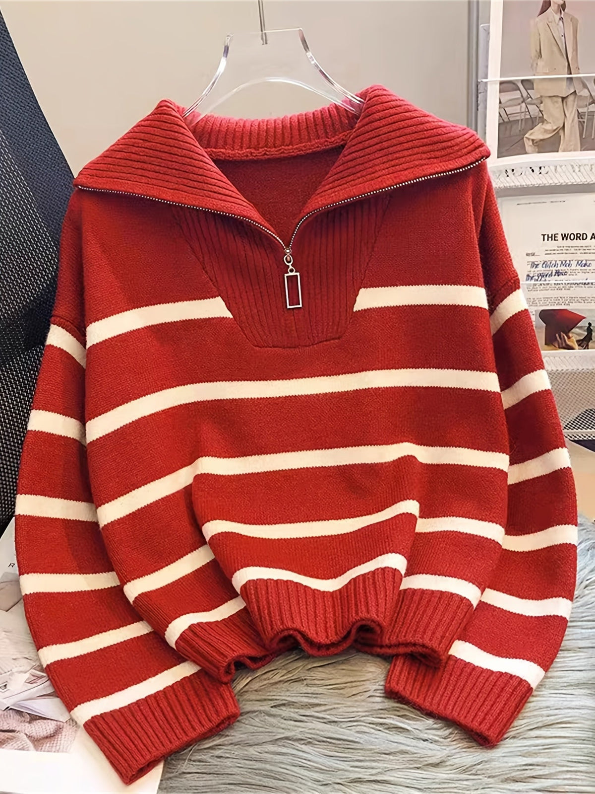 Striped Half-Zip Collared Sweater