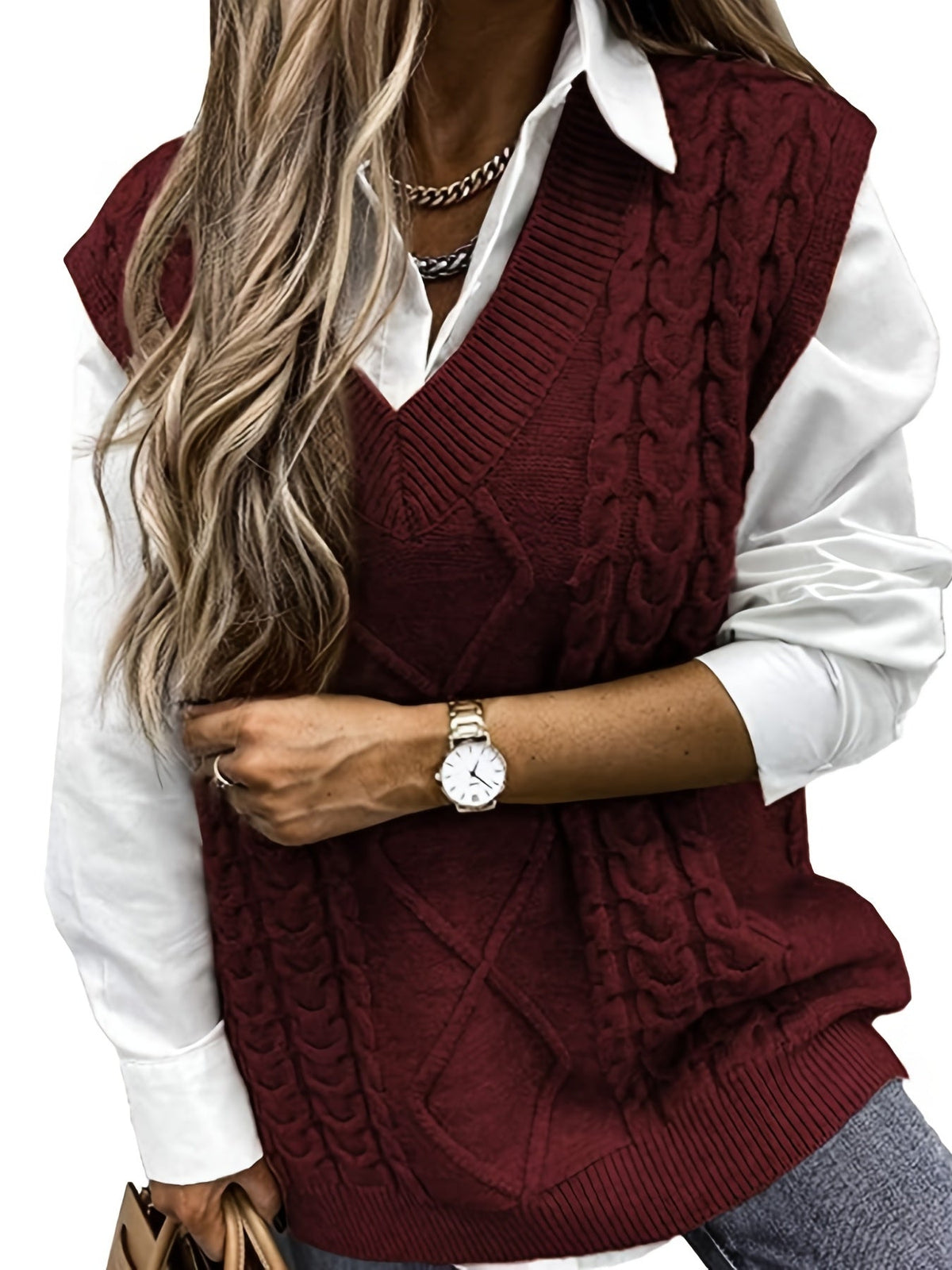 Cable-Knit V-Neck Sweater Vest