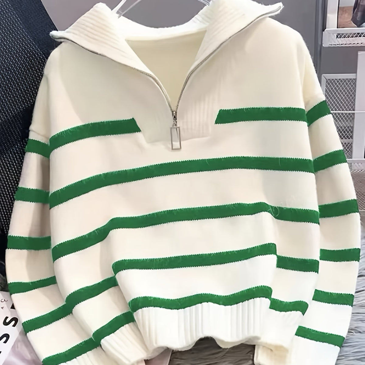 Striped Half-Zip Collared Sweater