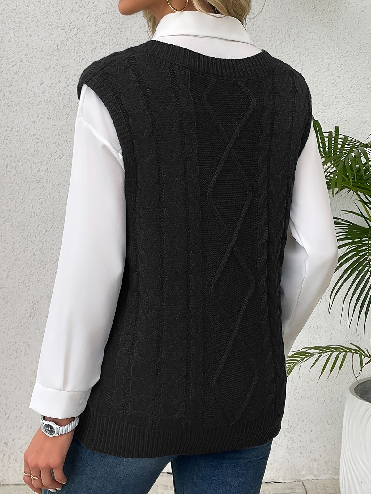 Cable-Knit V-Neck Sweater Vest