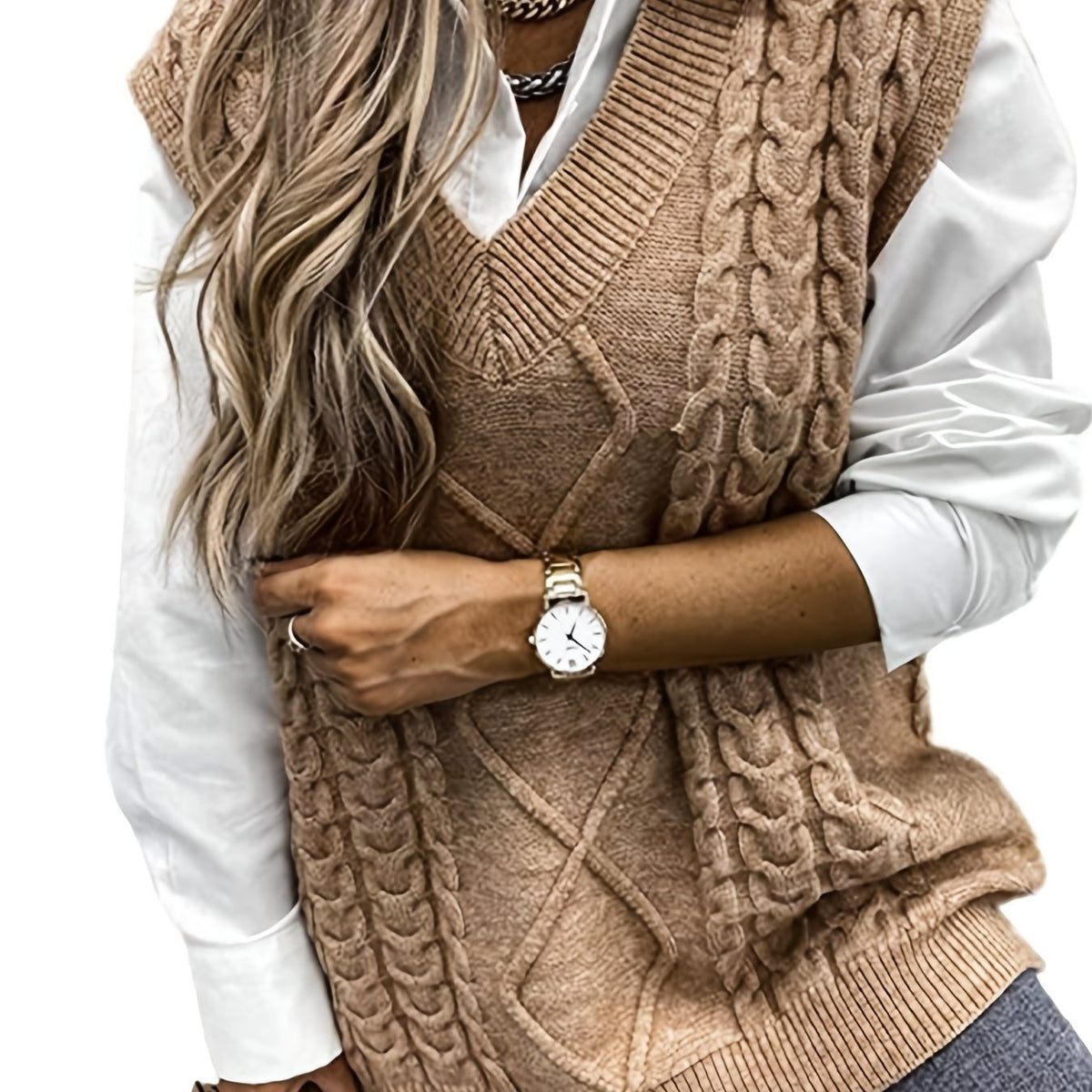 Cable-Knit V-Neck Sweater Vest