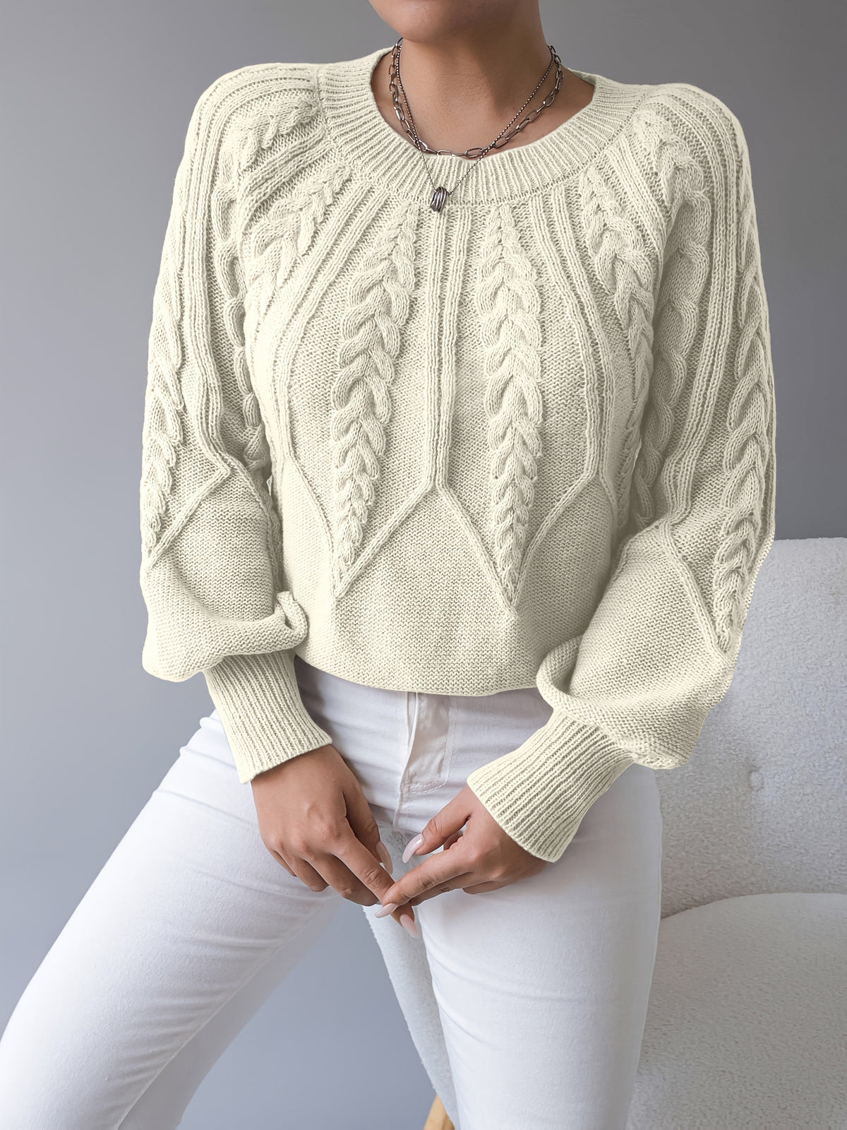 Cable-Knit Lantern-Sleeve Sweater