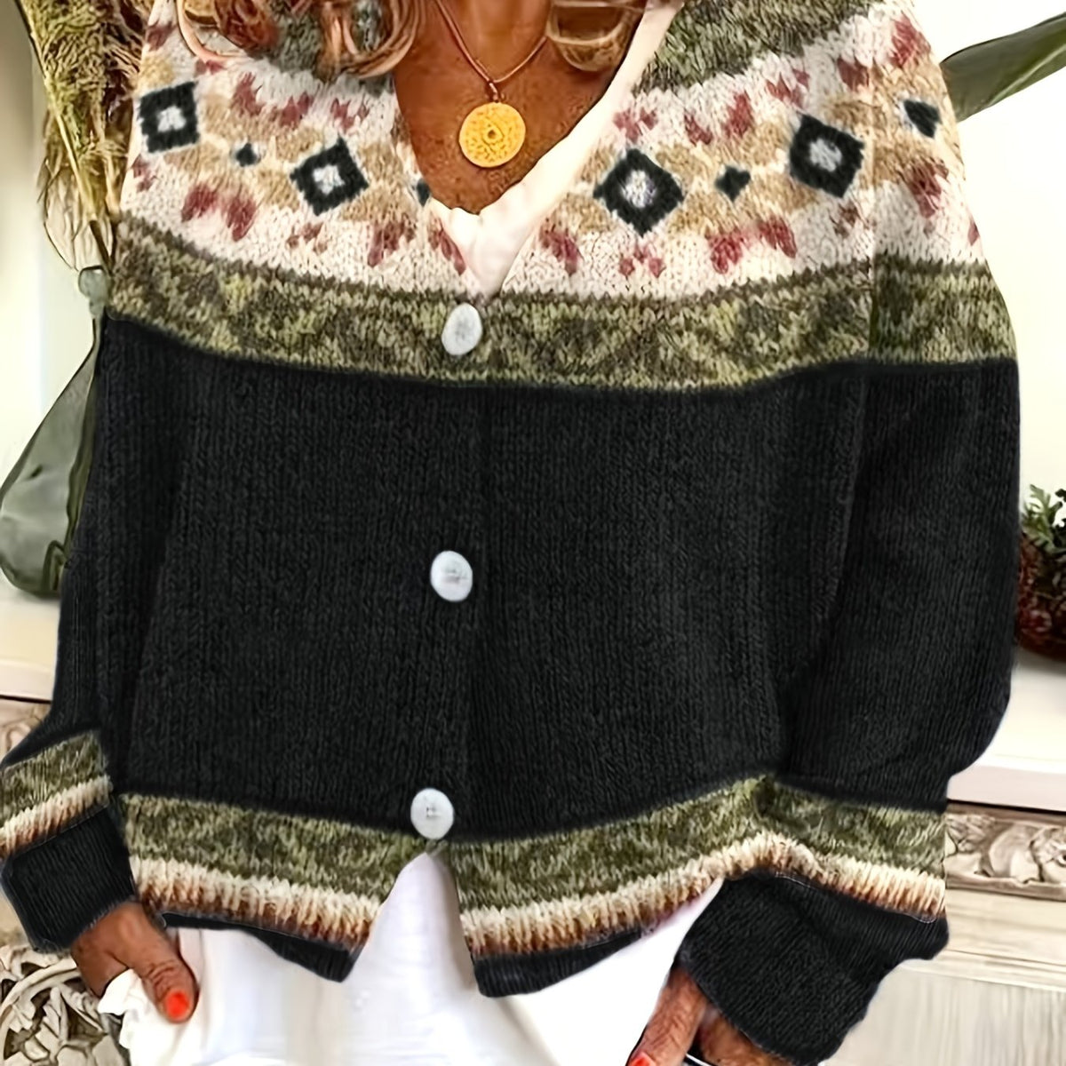 Patterned Button-Front Cardigan