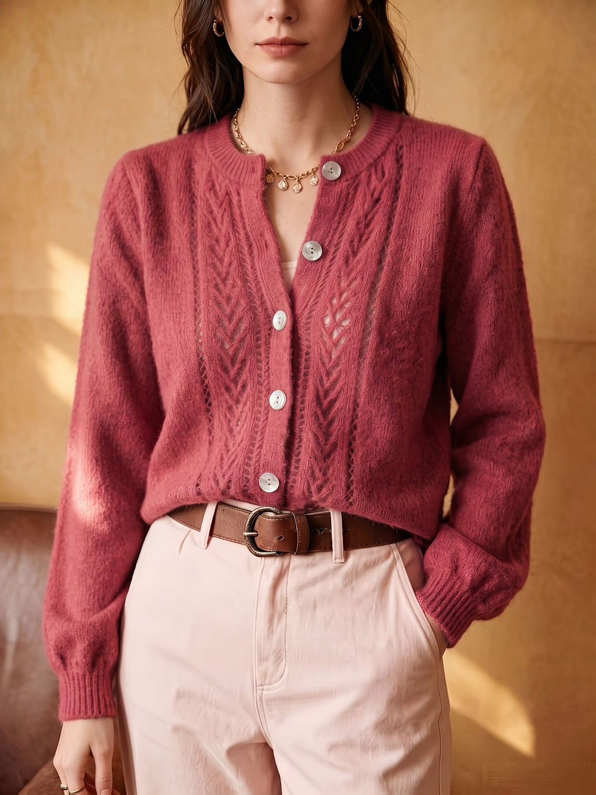 Openwork Round-Neck Cardigan