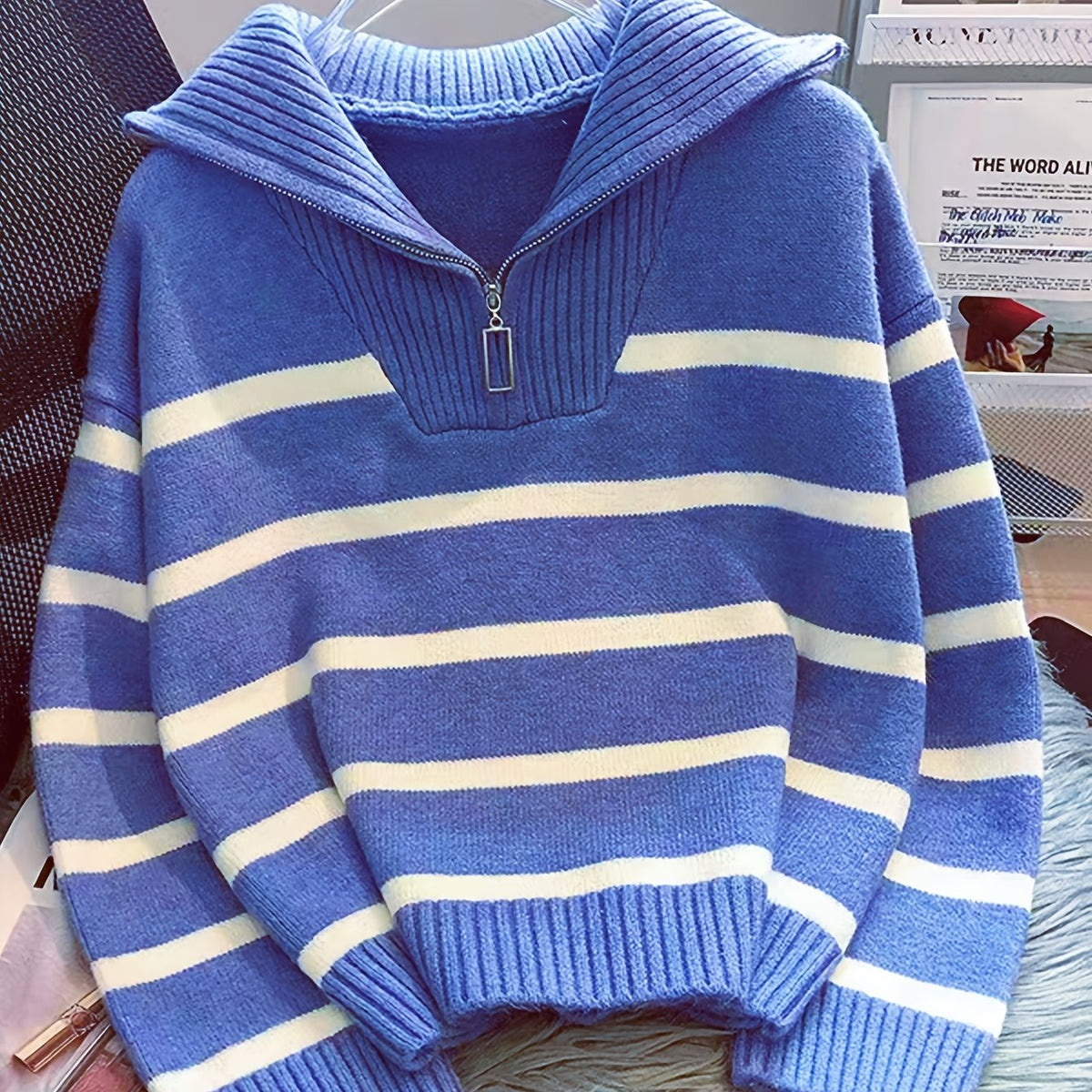 Striped Half-Zip Collared Sweater