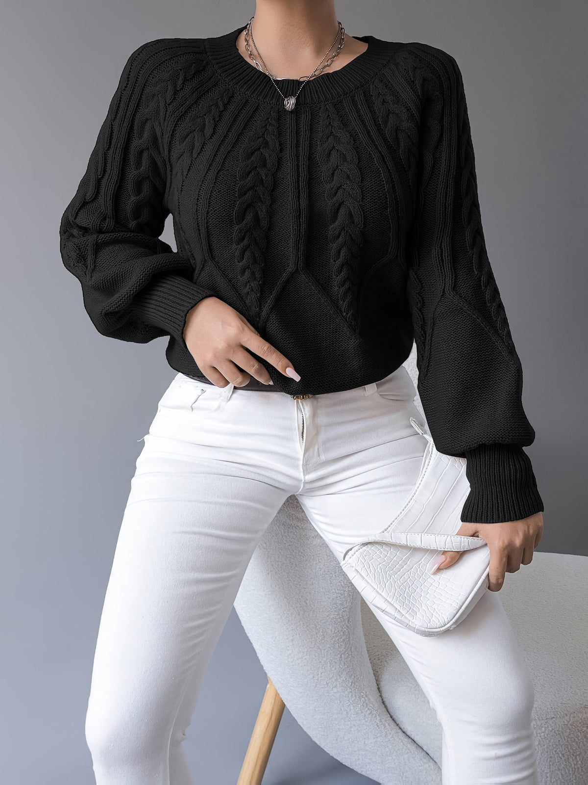 Cable-Knit Lantern-Sleeve Sweater