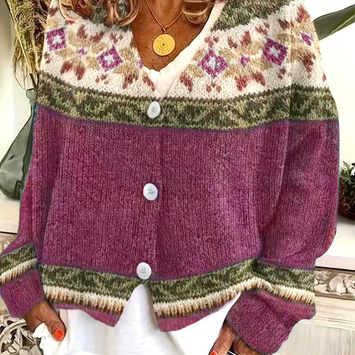 Patterned Button-Front Cardigan