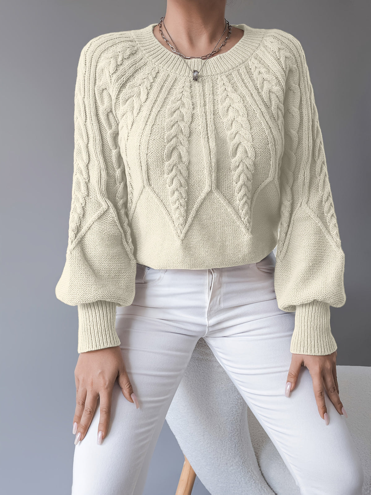 Cable-Knit Lantern-Sleeve Sweater