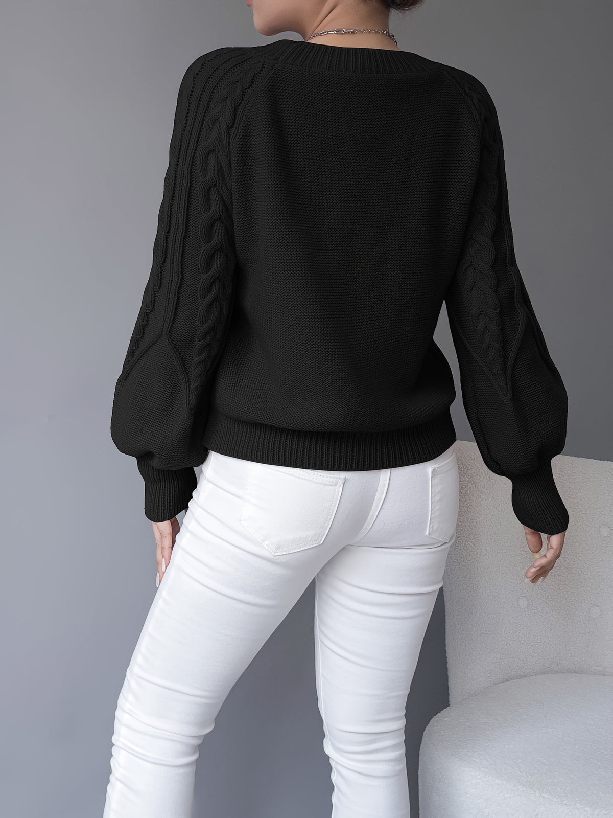 Cable-Knit Lantern-Sleeve Sweater