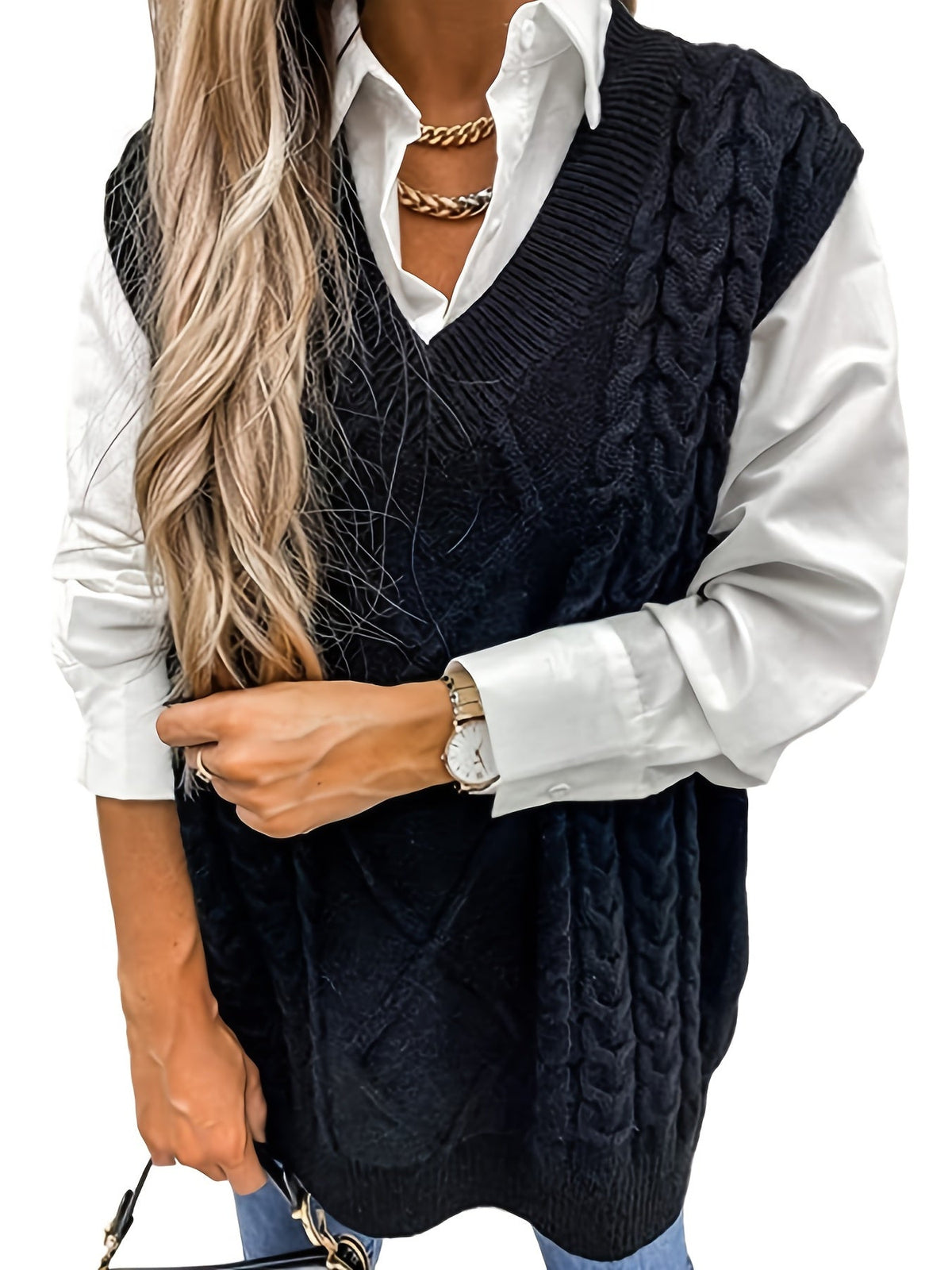 Cable-Knit V-Neck Sweater Vest