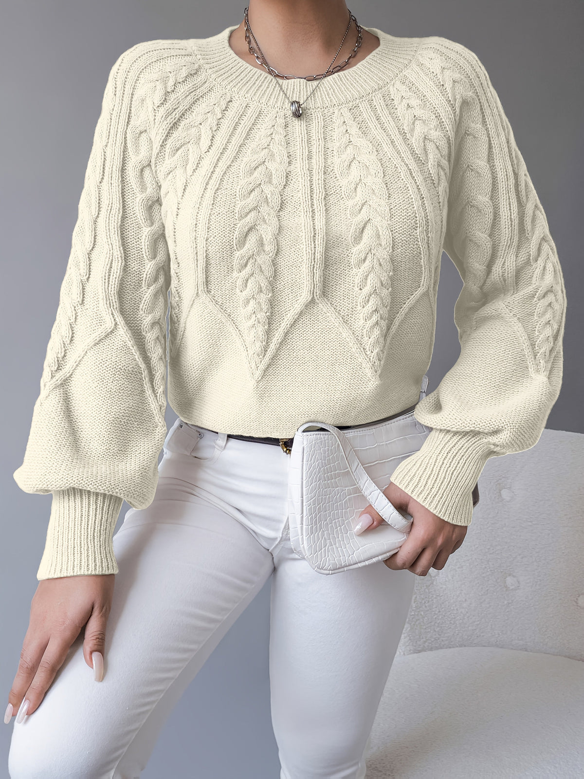 Cable-Knit Lantern-Sleeve Sweater