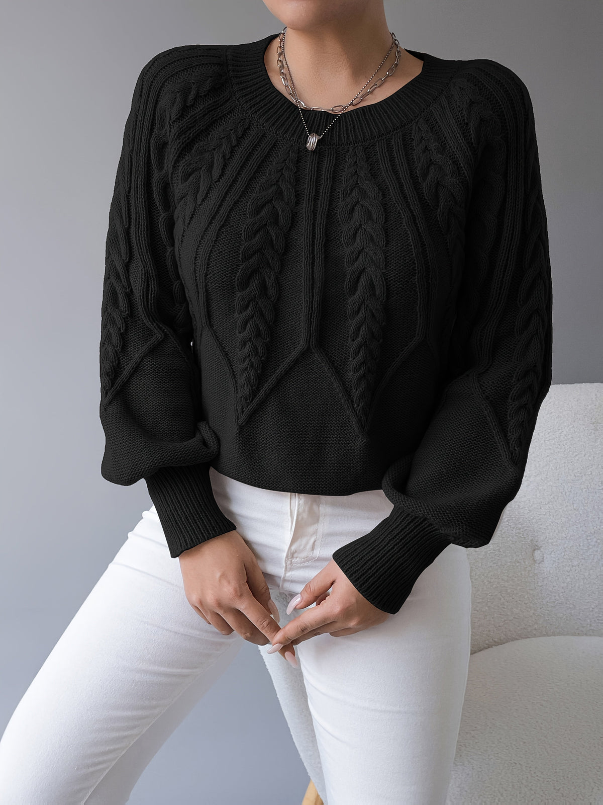 Cable-Knit Lantern-Sleeve Sweater