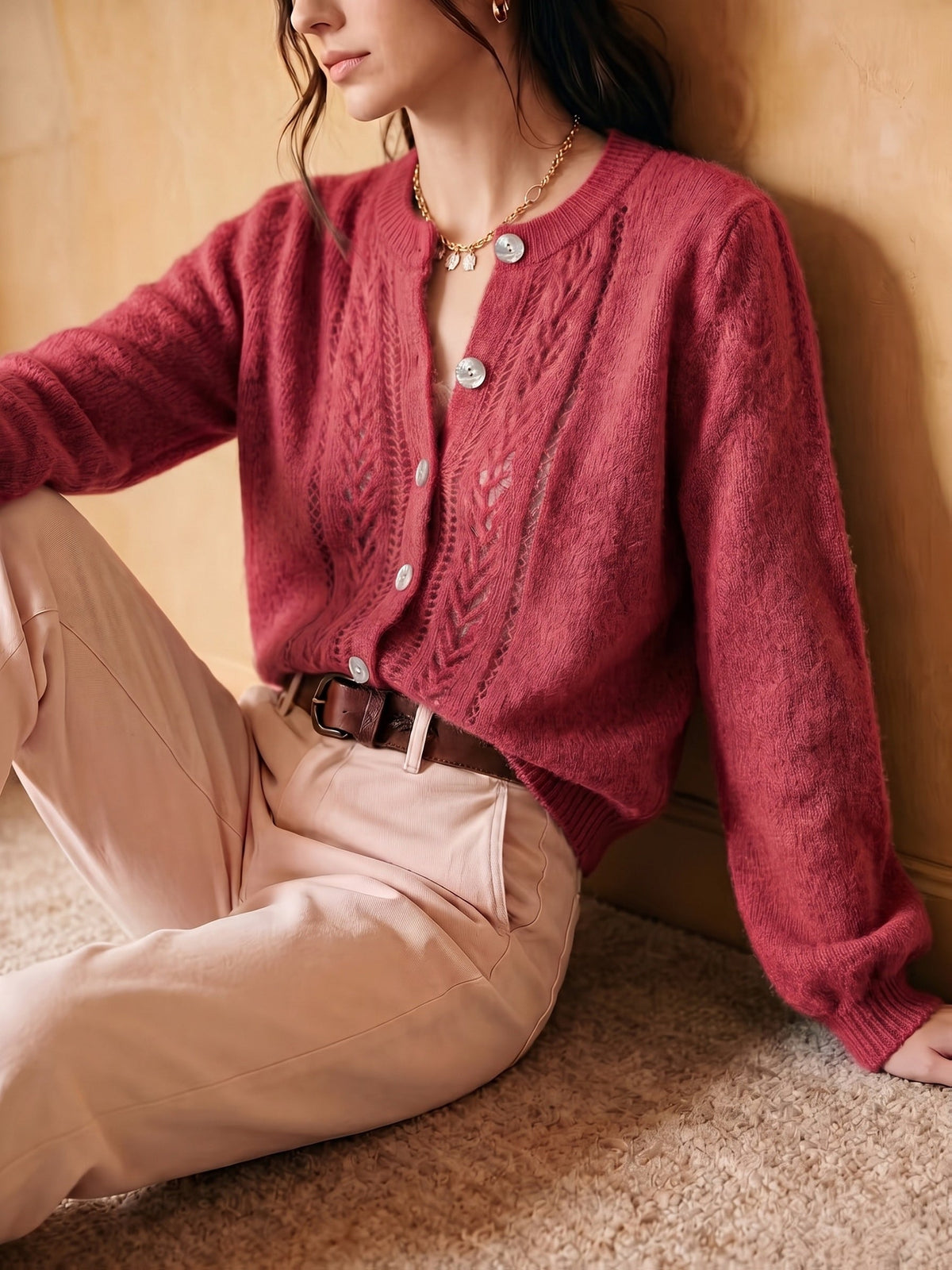 Openwork Round-Neck Cardigan