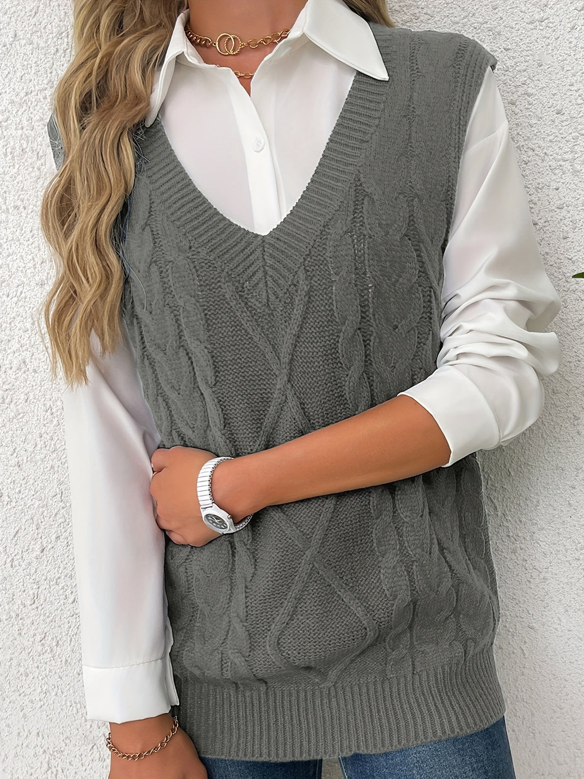 Cable-Knit V-Neck Sweater Vest