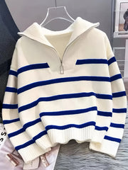 Striped Half-Zip Collared Sweater