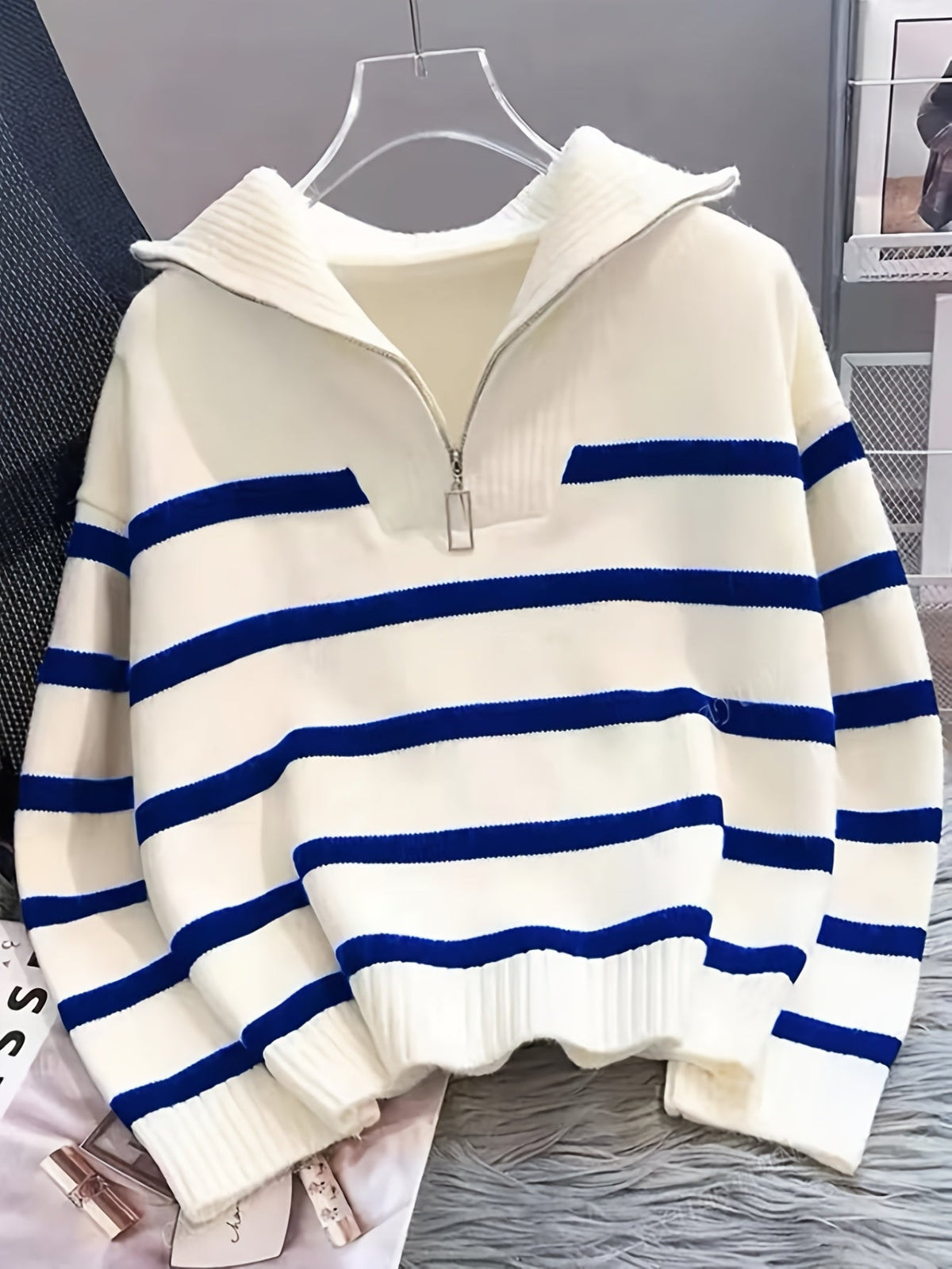 Striped Half-Zip Collared Sweater