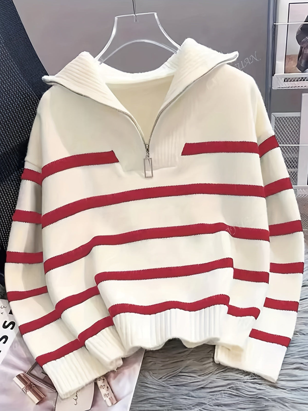 Striped Half-Zip Collared Sweater