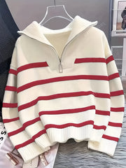 Striped Half-Zip Collared Sweater