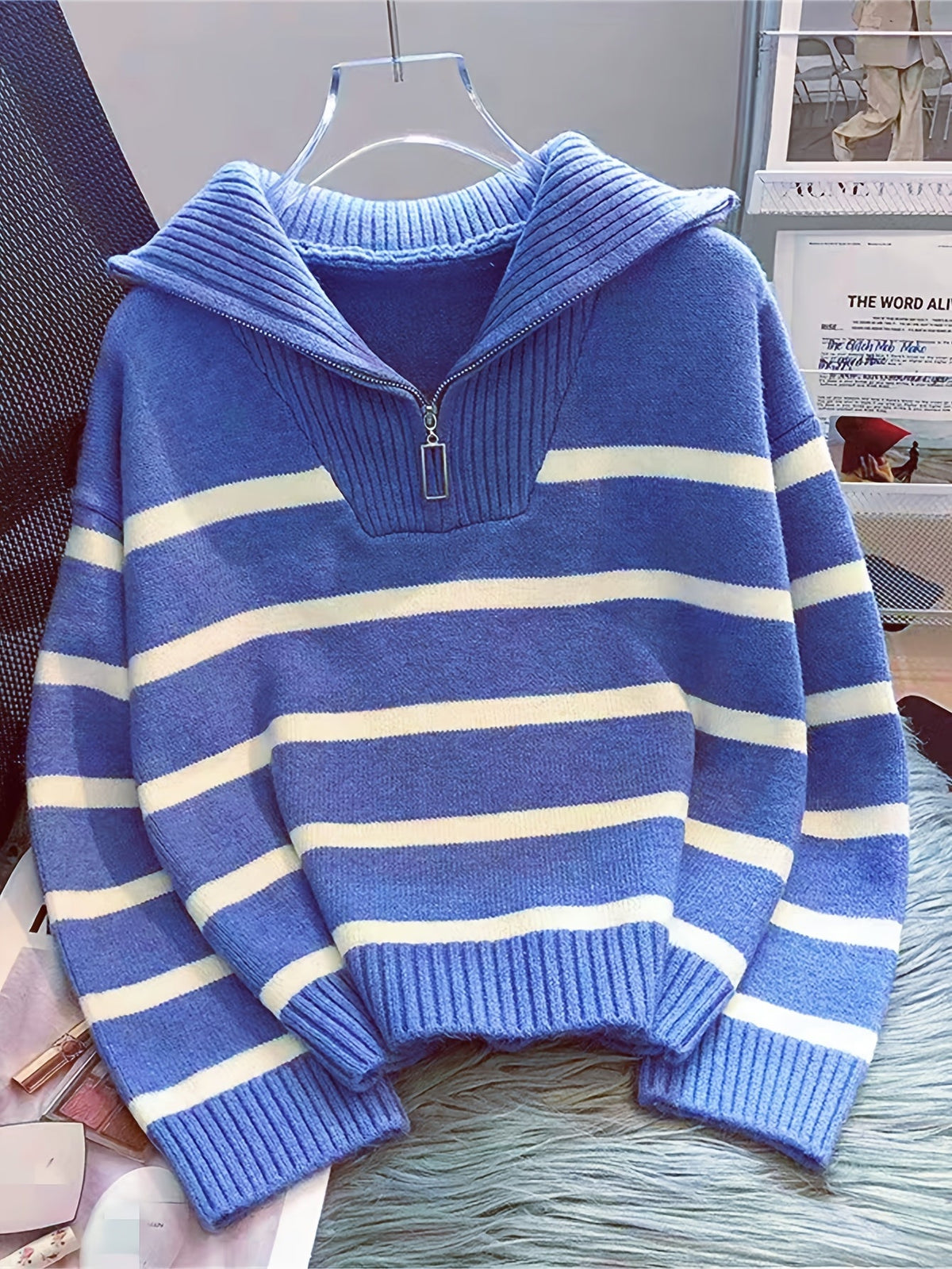 Striped Half-Zip Collared Sweater
