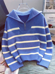 Striped Half-Zip Collared Sweater