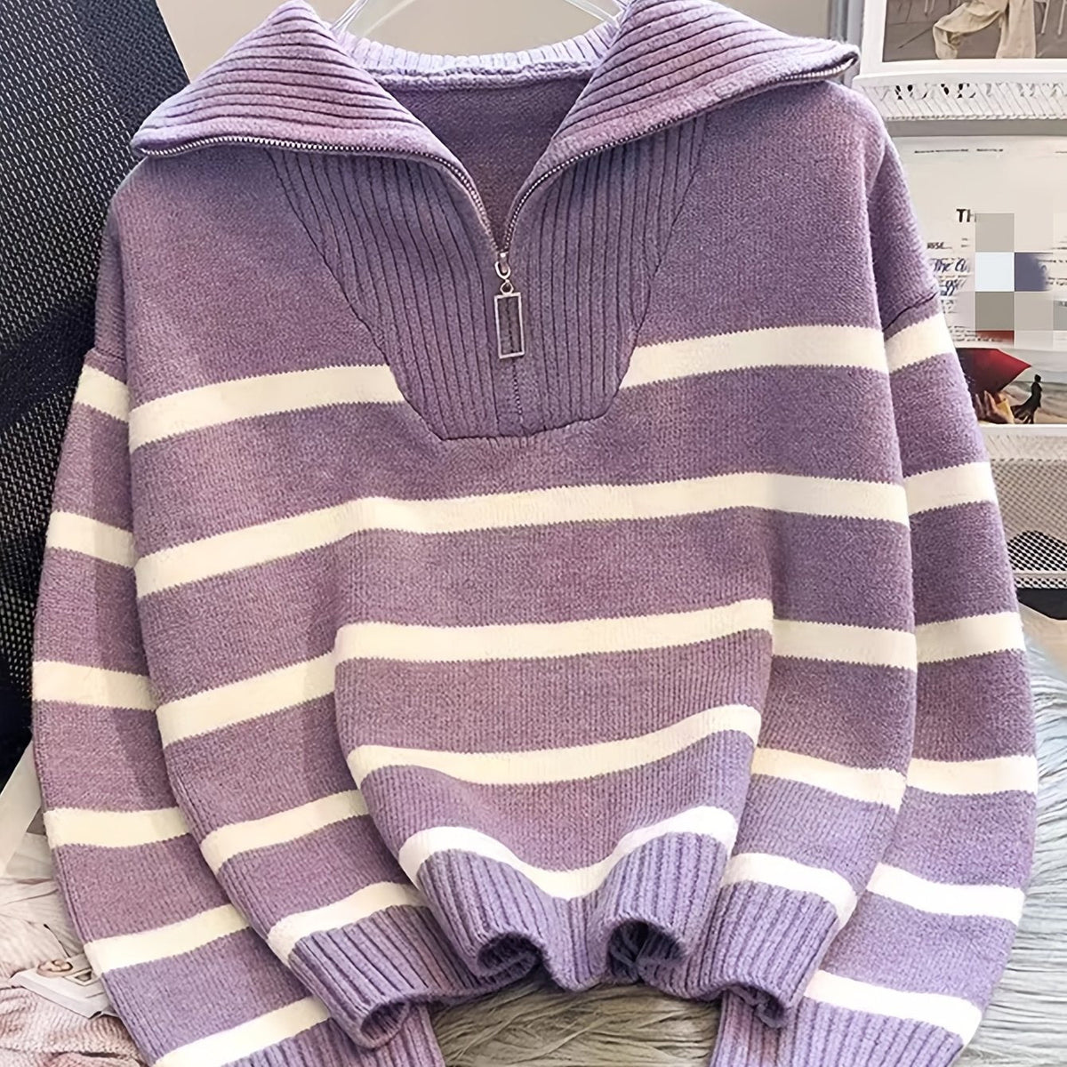 Striped Half-Zip Collared Sweater