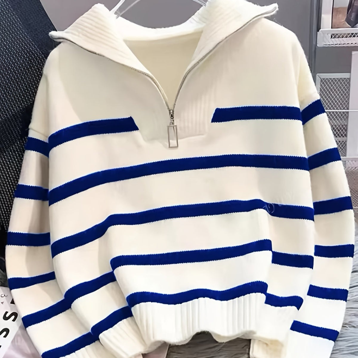 Striped Half-Zip Collared Sweater