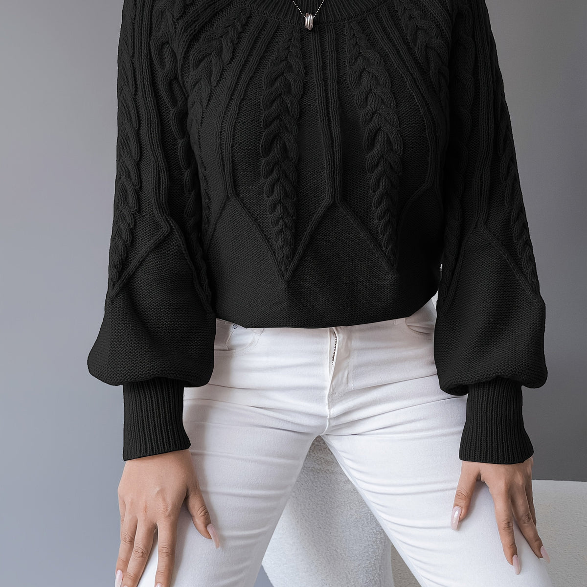 Cable-Knit Lantern-Sleeve Sweater
