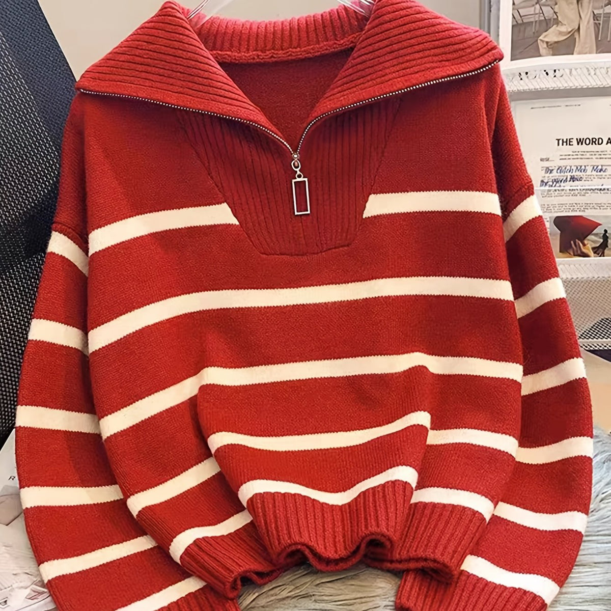 Striped Half-Zip Collared Sweater