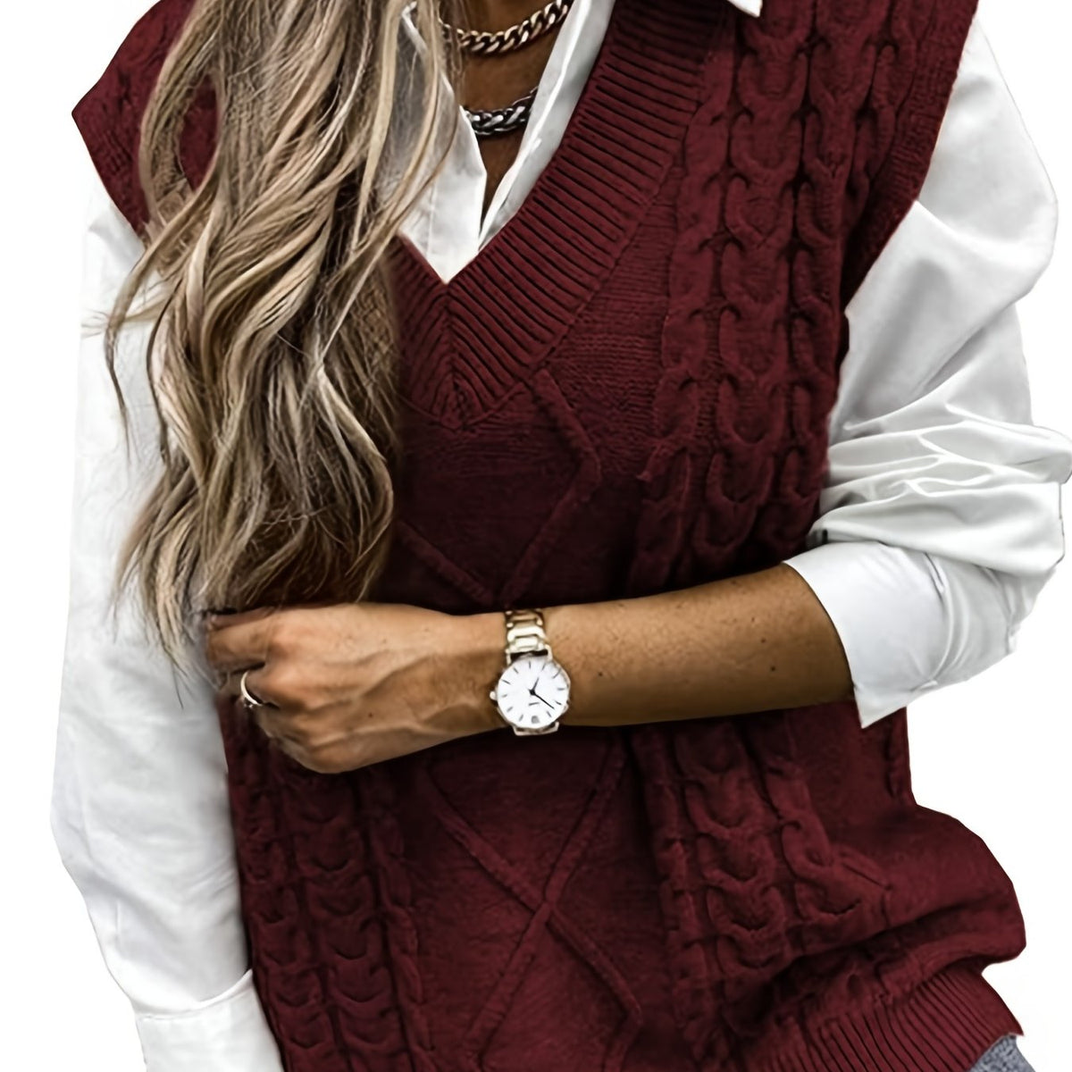 Cable-Knit V-Neck Sweater Vest
