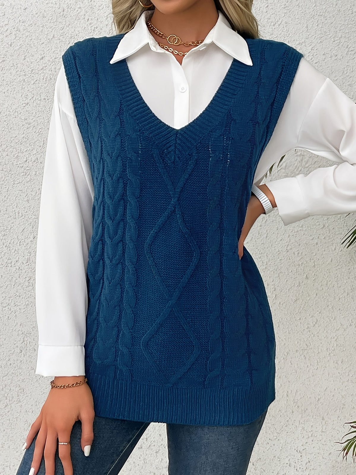 Cable-Knit V-Neck Sweater Vest