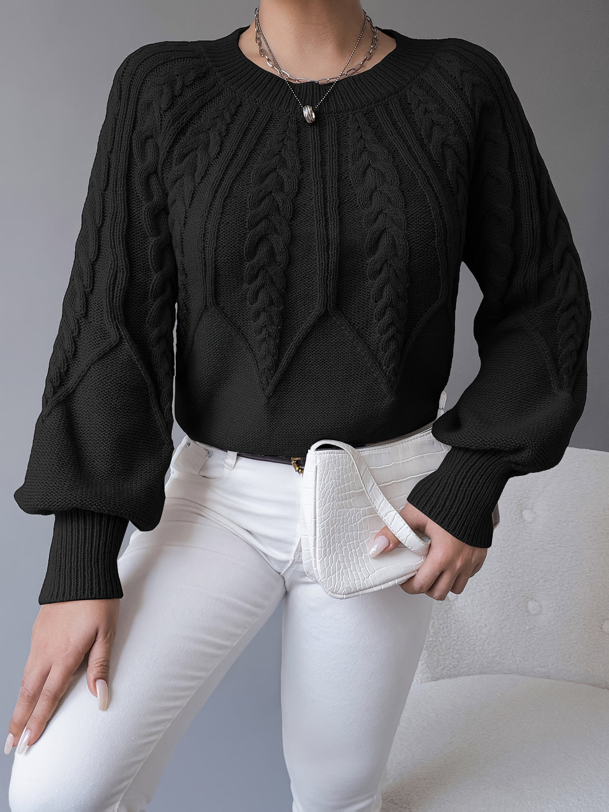 Cable-Knit Lantern-Sleeve Sweater