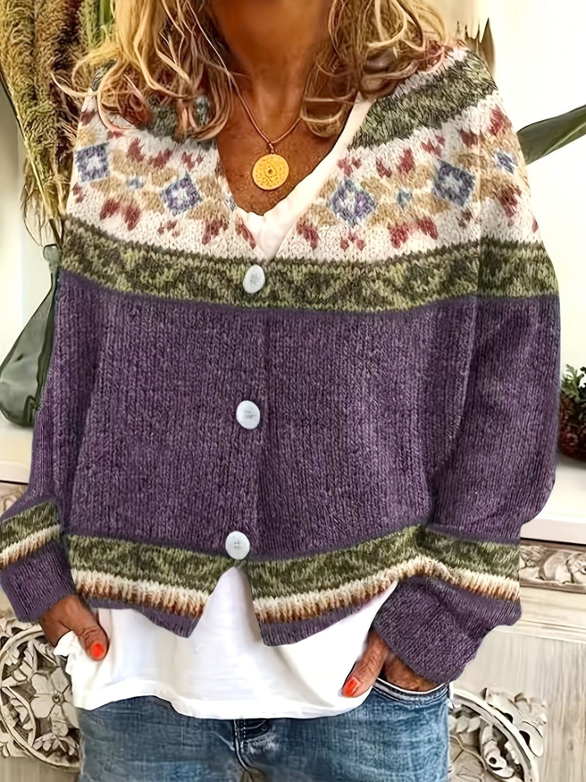 Patterned Button-Front Cardigan
