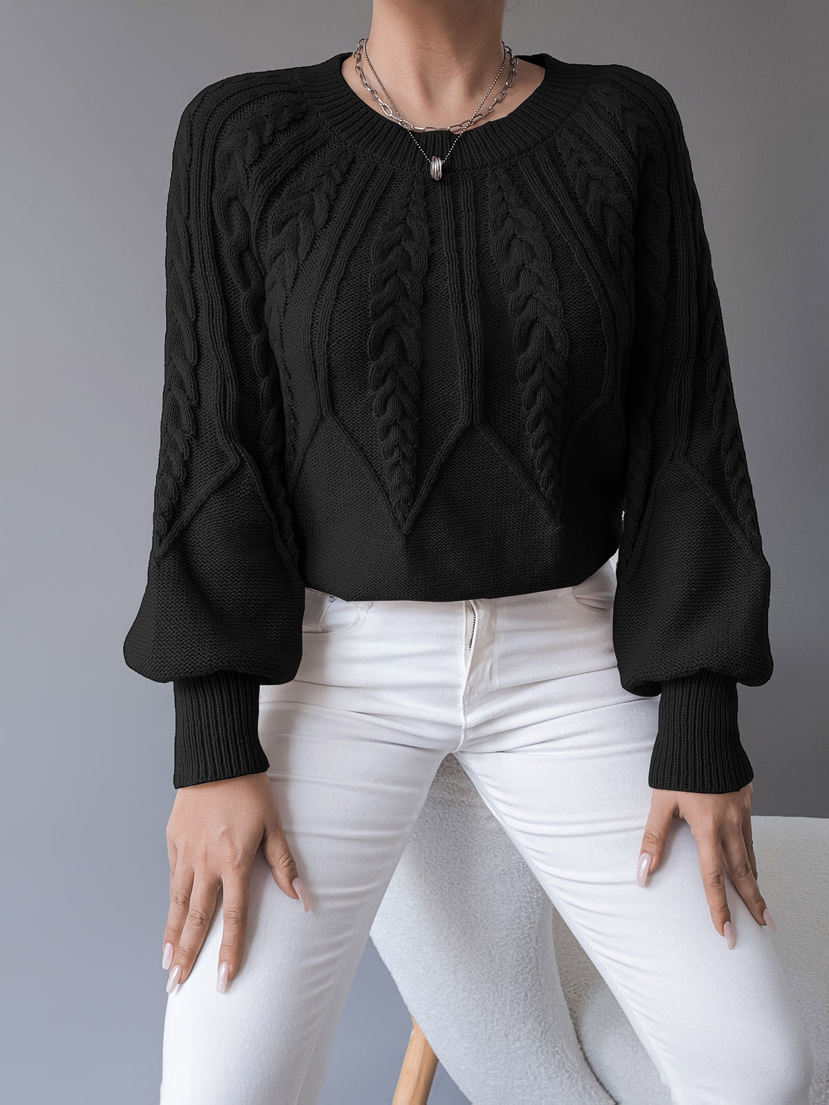 Cable-Knit Lantern-Sleeve Sweater