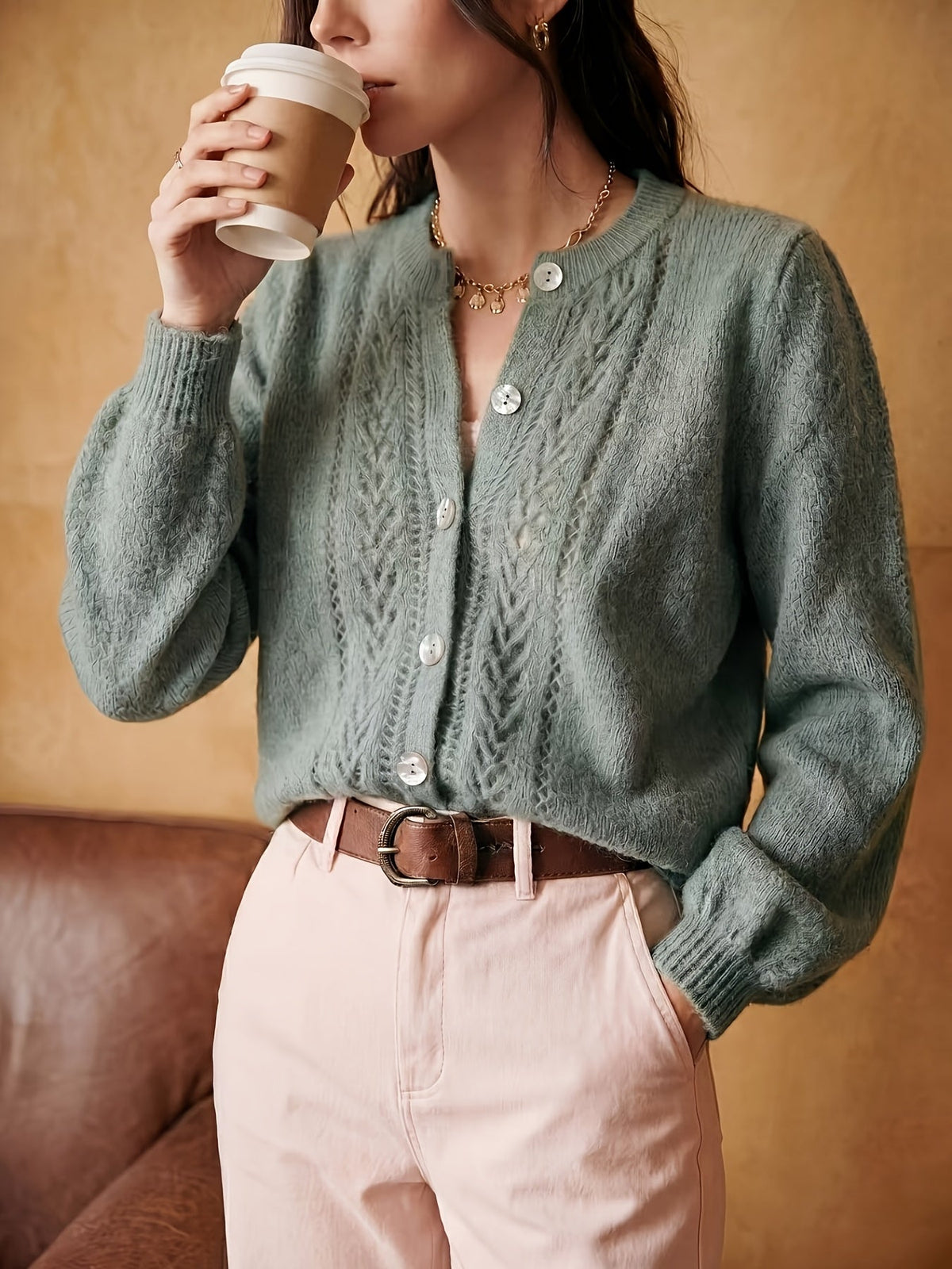 Openwork Round-Neck Cardigan