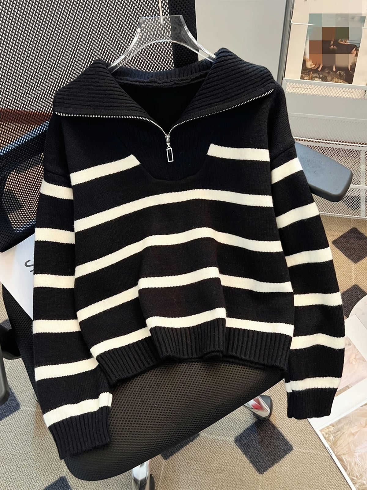 Striped Half-Zip Collared Sweater