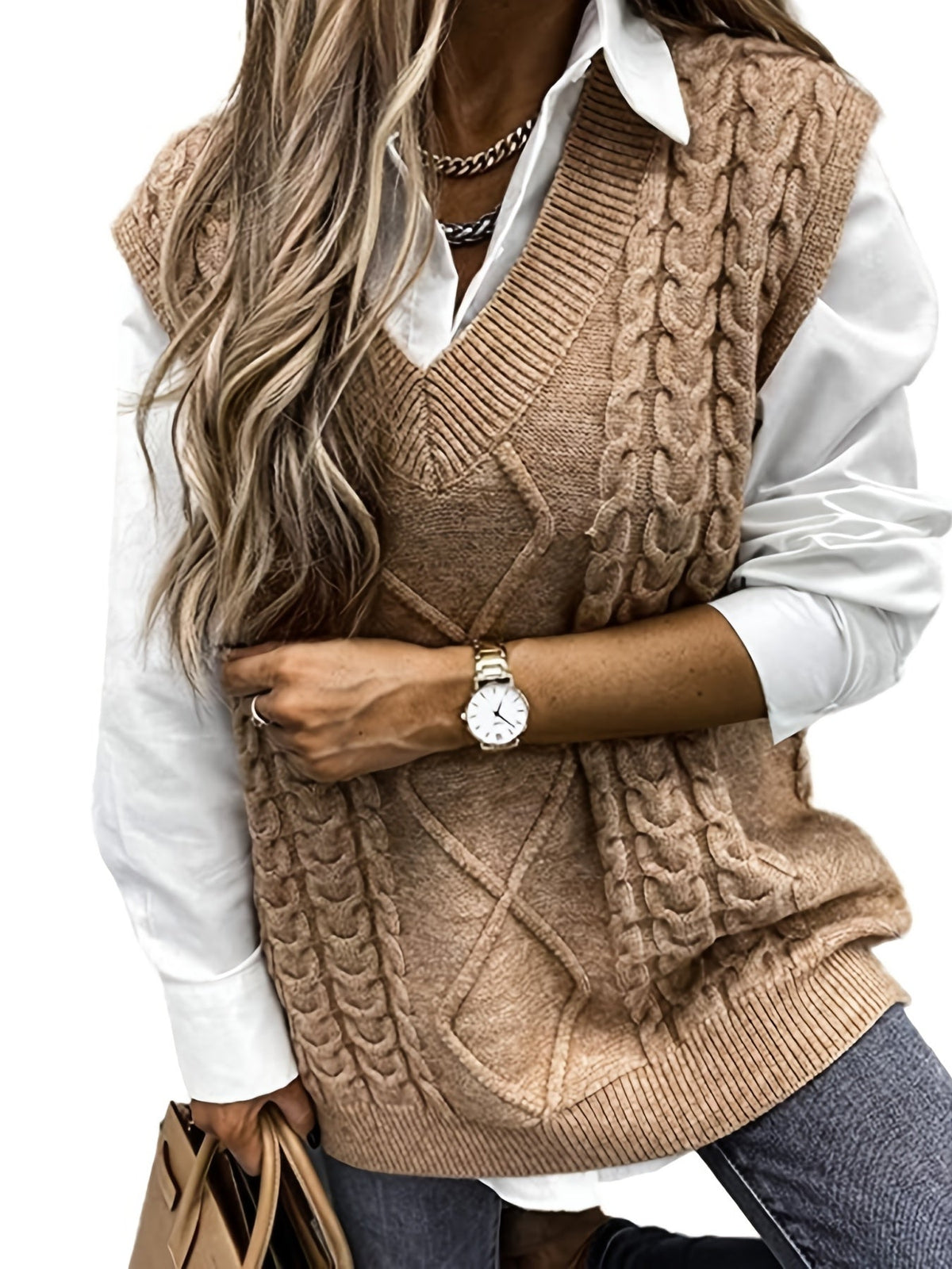 Cable-Knit V-Neck Sweater Vest