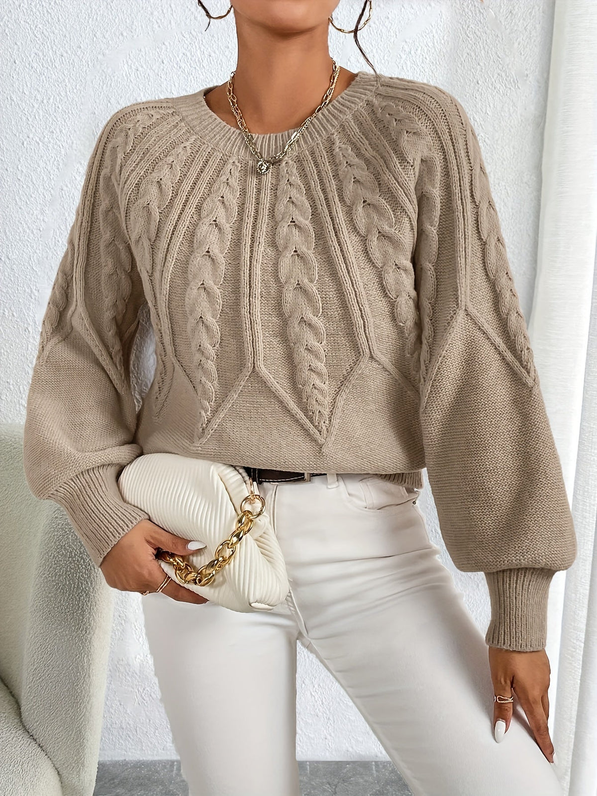Cable-Knit Lantern-Sleeve Sweater